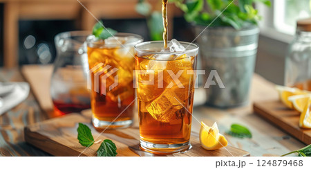 Iced Tea Refreshment. A glass of cold brew iced tea with a refreshing pour, accompanied by lemon wedges and mint leaves, perfect for a warm day. Iced Tea Refreshment. A glass of cold brew iced tea with a refreshing pour, accompanied by lemon wedges and mint leaves, perfect for a warm day. 124879468