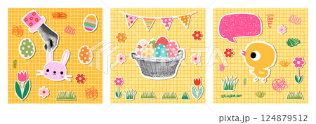 Fun Easter greeting cards, posters set with basket with eggs, bunny, chicken, cute colorful backgrounds 124879512