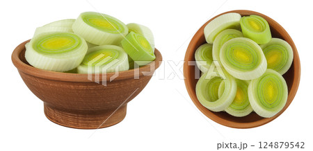 sliced Leek vegetable in ceramic bowl isolated on white background with full depth of field 124879542