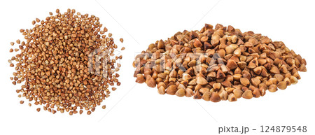 Raw buckwheat isolated on white background. Top view. Flat lay Raw buckwheat isolated on white background. Top view. Flat lay 124879548