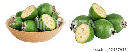 Feijoa fruit in wooden bowl isolated on white background 124879574