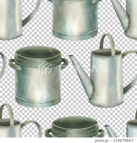 Seamless watercolor pattern. Metal vintage watering can, saucepan, all objects are hand painted with watercolor. Watercolor illustration. Suitable for printing on fabric, paper, decor. 124879667