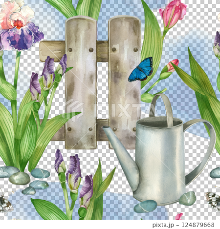 Watercolor seamless pattern with purple and pink iris flowers, watering can, decorative fence and butterflies. Hand drawn watercolor flowerbed. For printing on paper, fabric, design. Watercolor seamless pattern with purple and pink iris flowers, watering can, decorative fence and butterflies. Hand drawn watercolor flowerbed. For printing on paper, fabric, design. 124879668