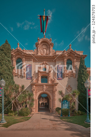 San Diego, California, USA- November 4 2004: Balboa Park Visitor Center located in House of Hospitality or at Park Ambassador Information Tent located in front of the building in the Plaza de Panama San Diego, California, USA- November 4 2004: Balboa Park Visitor Center located in House of Hospitality or at Park Ambassador Information Tent located in front of the building in the Plaza de Panama 124879703