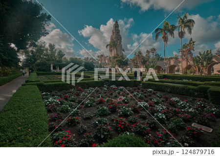 San Diego, California, USA- November 4 2004: Alcazar Garden is a formal garden in Balboa Park. It is named for Alcazar Castle in Seville, Spain; its design is patterned after the castle's gardens 124879716