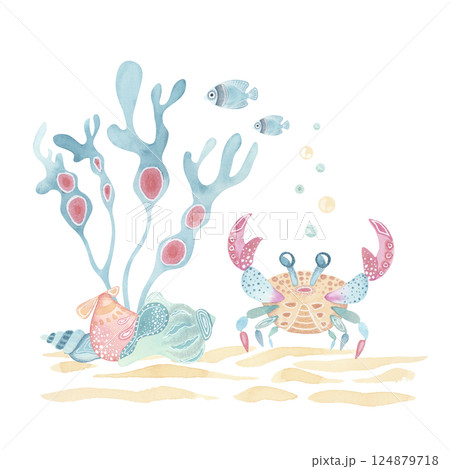 Underwater crab scene with shells and seaweed. Cartoon-style watercolor illustration on a white background. Perfect for ocean-themed cards, kids decor, and fun stationery designs 124879718