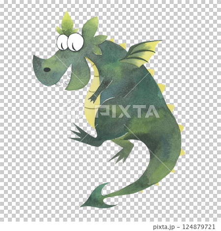 Cute dragon cartoon-style watercolor illustration. Hand-painted green mythical animal with whimsical texture. Perfect for kids designs, fantasy themes, and creative projects 124879721