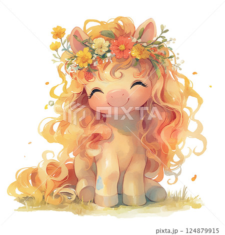 Cute pony with curly hair and flower crown enjoys a sunny day in a colorful meadow filled with blossoms 124879915