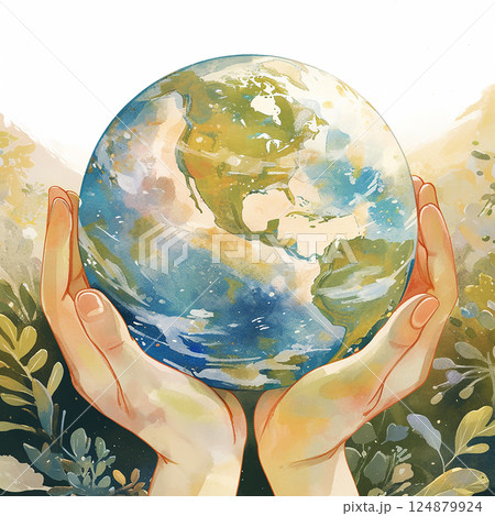 Hands holding a colorful globe surrounded by greenery representing environmental care and unity 124879924