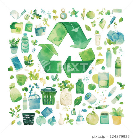 Innovative green design focusing on recycling and sustainable living illustrated with various eco-friendly elements 124879925