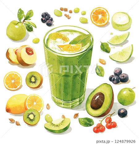 Colorful green smoothie with various fruits arranged around it, showcasing a healthy beverage 124879926