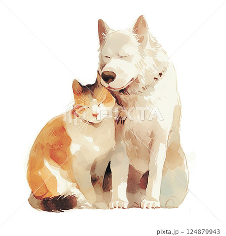 Dog and cat cuddling together in a warm, cozy scene conveying friendship and companionship 124879943