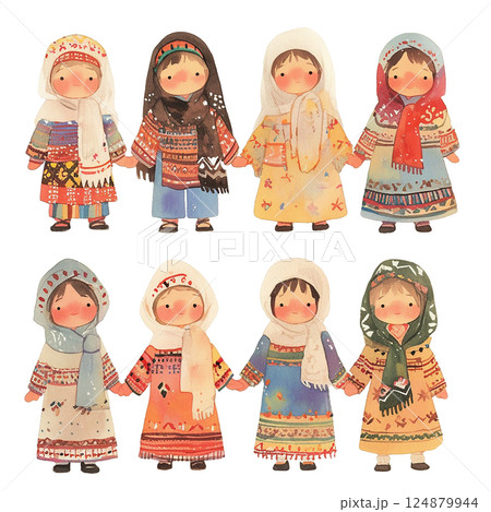 Traditional characters in colorful attire holding hands in a joyful gathering celebrating culture and community Traditional characters in colorful attire holding hands in a joyful gathering celebrating culture and community 124879944