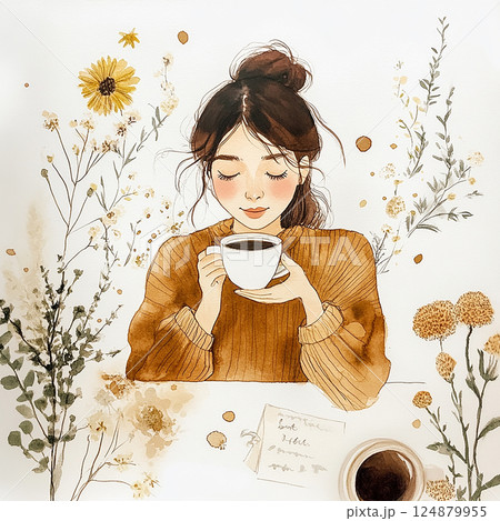 Woman enjoying a book and coffee while surrounded by flowers in a cozy setting during autumn 124879955