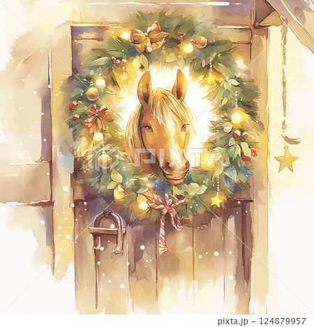 Cute brown horse peering through a wooden stable door decorated for the holidays with greenery and ornaments 124879957
