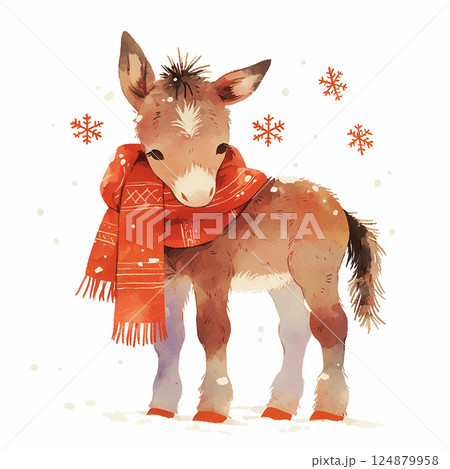 Cute donkey wearing a red scarf with holiday decorations stands in the snow surrounded by falling snowflakes 124879958