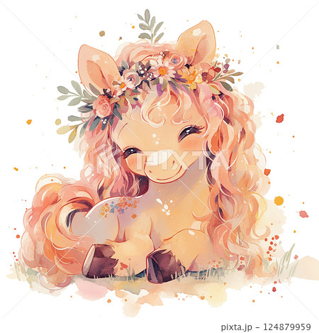 Cute pony with curly hair and flower crown enjoys a sunny day in a colorful meadow filled with blossoms 124879959