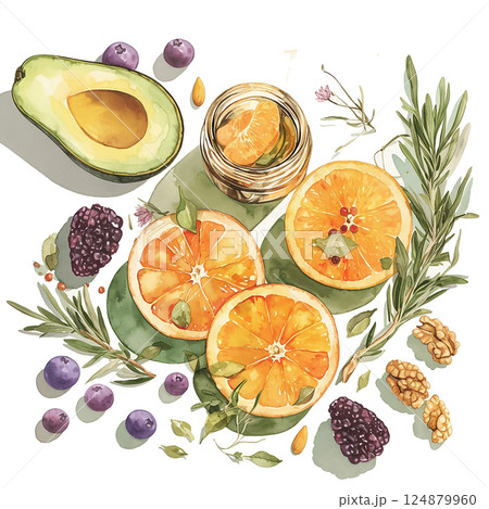 Fresh fruit arrangement with avocado, citrus, and berries on a white background showcasing vibrant colors and textures 124879960