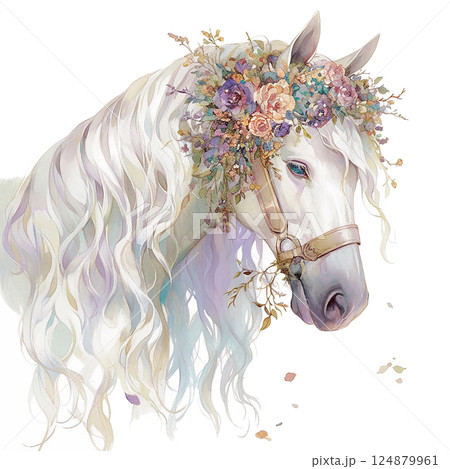 Majestic white horse adorned with floral crown in a serene pastel setting 124879961