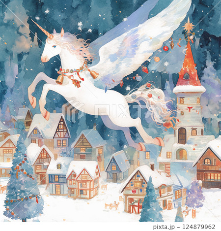White reindeer flying over a snowy village under a starry night sky in a magical winter scene 124879962