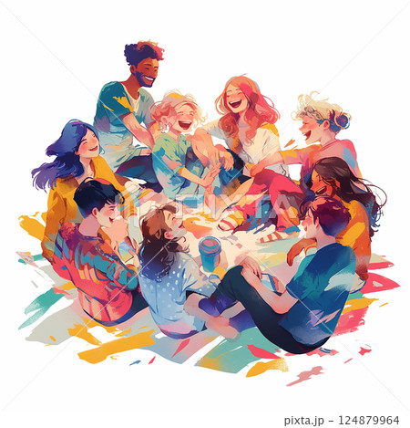 Friends enjoying a joyful moment together in vibrant colors during a sunny day in a playful setting 124879964