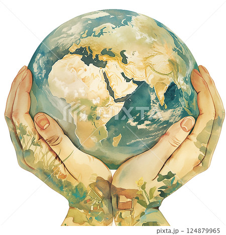 Hands holding a colorful globe surrounded by greenery representing environmental care and unity 124879965