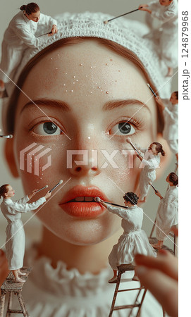 Miniature figures working on a model's face during a creative art project in a bright studio setting 124879968