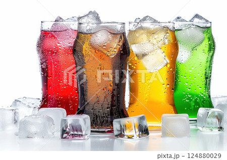 Chilled Soda Variety. Glasses of colorful sodas with effervescent bubbles, nestled in crushed ice, showcasing a refreshing array of fizzy beverages. 124880029