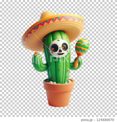 3d cartoon cactus in sambrero with maracas, on white background with space for text. Mexican Day of the Dead festival background 124880070