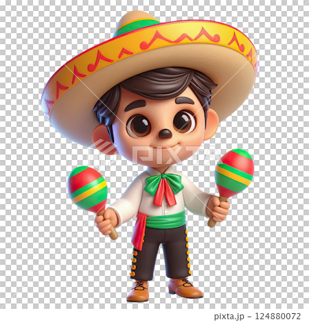 3d cartoon mexican boy in sambrero with maracas, on white background with space for text. Mexican Day of the Dead festival background 124880072