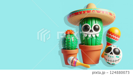 3d cartoon cactus in sambrero with maracas, on white background with space for text. Mexican Day of the Dead festival background 124880073