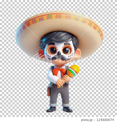 3d cartoon mexican boy in sambrero with maracas, on white background with space for text. Mexican Day of the Dead festival background 124880074