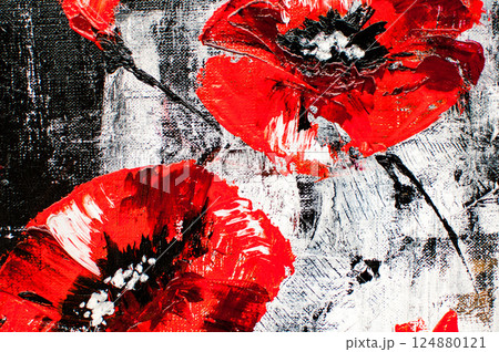 artistic black background with white and red paint spots in the form of flowers 124880121