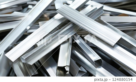 Scrap pile of aluminum extrusion profiles and bars, extruded beams vary in shapes and sizes. Concepts related to manufacturing, recycling, construction materials, or metal industry visuals Scrap pile of aluminum extrusion profiles and bars, extruded beams vary in shapes and sizes. Concepts related to manufacturing, recycling, construction materials, or metal industry visuals 124880154