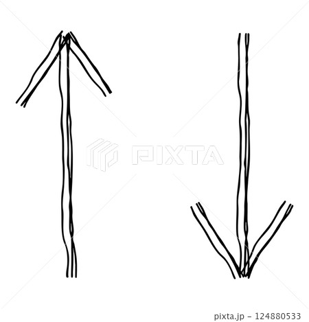 上下の直線矢印の手描き線画アイコン 複数の線が重なったモノクロのベクターイラスト 124880533