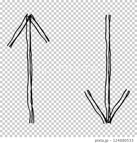 手繪上下直箭頭線圖示。具有多條重疊線的單色向量插圖。 124880533