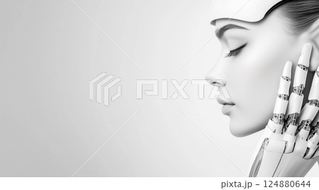 優雅な顔と目に見える機械部品を備えたハイテク合成人間の頭部 優雅な顔と目に見える機械部品を備えたハイテク合成人間の頭部 124880644