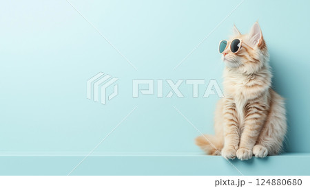 サングラスをかけてテーブルの上でくつろぐ、面白いリラックスした猫 124880680