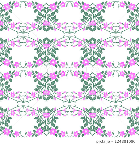 seamless floral pattern in pink, blue and white colors with a bouquet of roses. frame of beautiful flowers and leaves vector design 124881080