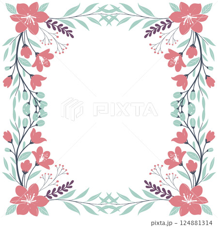 seamless floral pattern in pink, blue and white colors with a bouquet of roses. frame of beautiful flowers and leaves vector design seamless floral pattern in pink, blue and white colors with a bouquet of roses. frame of beautiful flowers and leaves vector design 124881314