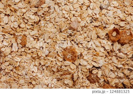 Close-up of oatmeal mix with dried fruits and grains. Natural ingredients, healthy eating. Healthy breakfast. 124881325