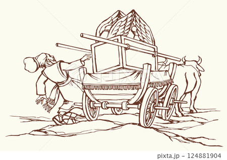 Vector drawing. The ark of the covenant being transported on a wooden cart pulled by two oxens Vector drawing. The ark of the covenant being transported on a wooden cart pulled by two oxens 124881904