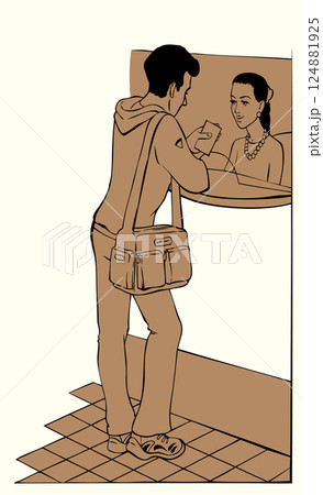 Vector illustration. Dialogue between the customer and cashier Vector illustration. Dialogue between the customer and cashier 124881925