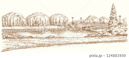 Vector landscape. Panoramic views of the river promenade Vector landscape. Panoramic views of the river promenade 124881930