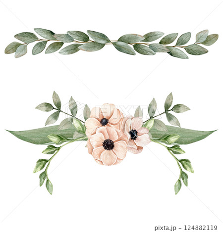 Two watercolor composition with anemones on a pink peach color, branches of eucalyptus on savage color and other green branches 124882119