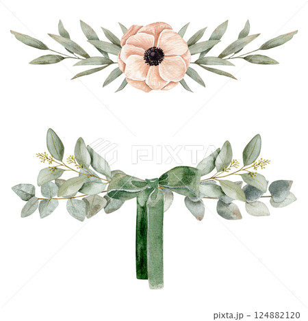Two watercolor composition with anemones on a pink peach color branches of eucalyptus on savage color, and branches of eucalyptus tied with a green bow. Two watercolor composition with anemones on a pink peach color branches of eucalyptus on savage color, and branches of eucalyptus tied with a green bow. 124882120