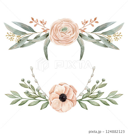 Two watercolor composition with anemone and ranunculus on a pink peach color and other green branches and berries, branches of eucalyptus on savage color. 124882123