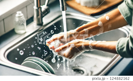 Extreme close-up of women's hands washing dishes in a modern kitchen sink with soapy water, highlighting the intricate details and textures. 124882162