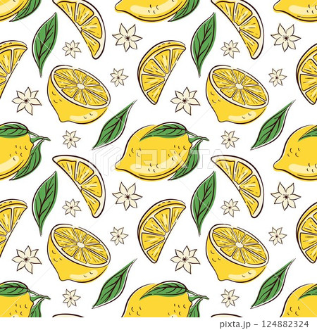 Seamless pattern with hand drawn lemon slice, green leaf and citrus blossom in flat style. Ideal for summer theme, food packaging or fabric print on a white background. 124882324