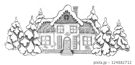 Christmas Greeting card. Illustration of houses. Set of hand drawn buildings.	 124882712